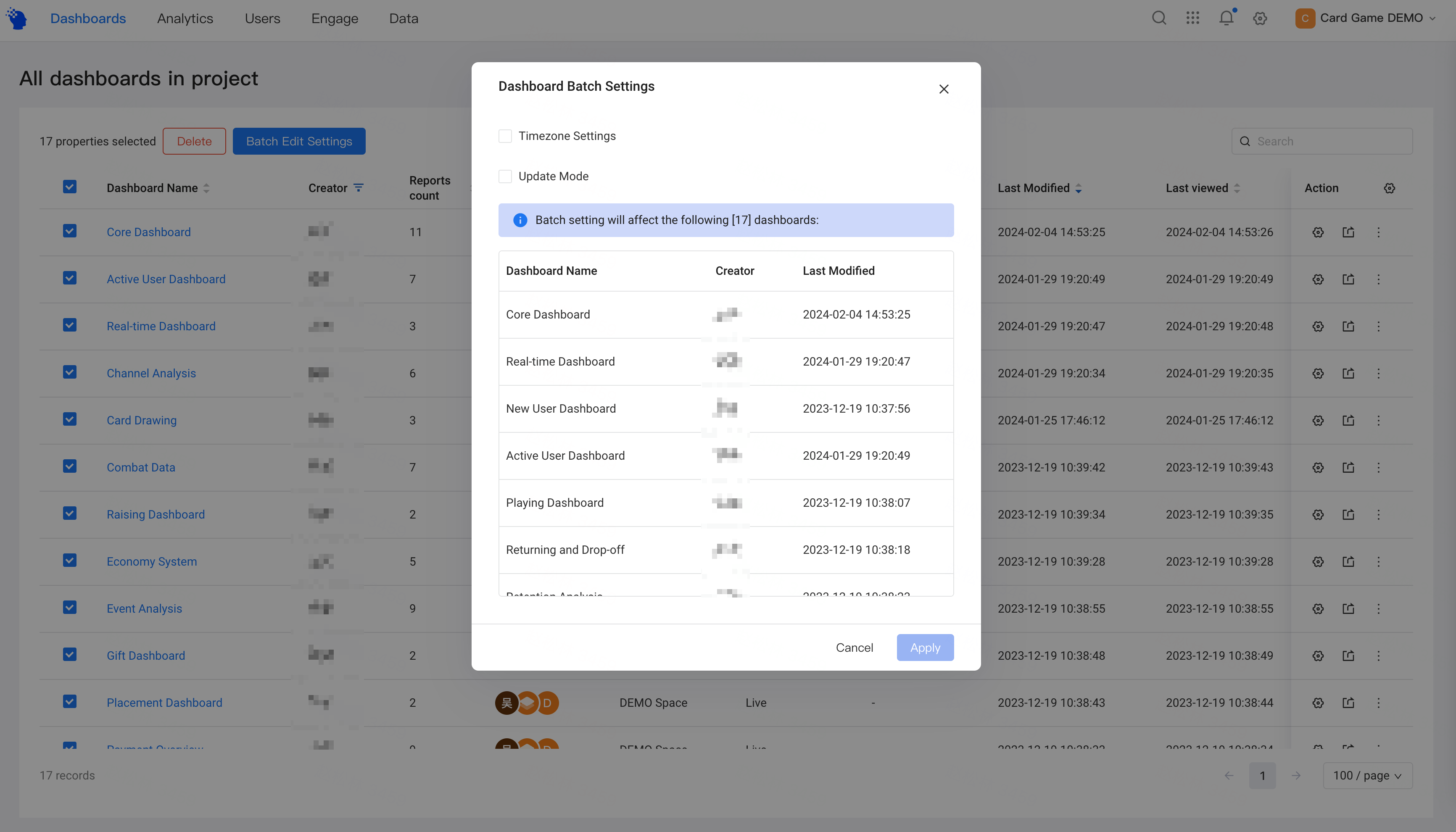Managing Dashboard | ThinkingData