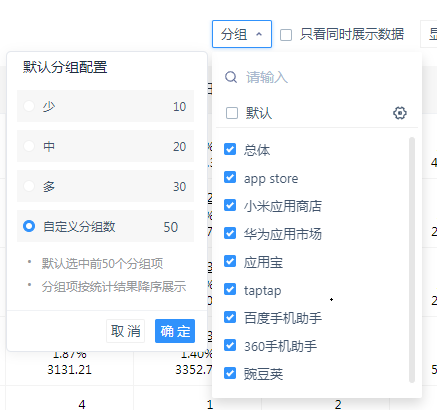 初始默认选中“默认分组”选项，可根据需求选择分组数。